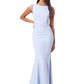 Jarlo Masa fishtail blue maxi dress with lace cap sleeves and embroidered back
