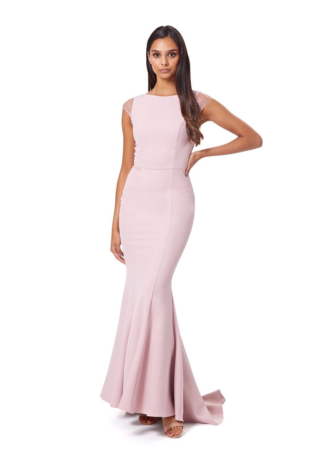 Jarlo Masa fishtail pink maxi dress with lace cap sleeves and embroidered back