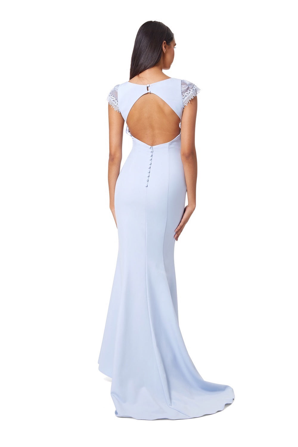 Jarlo Maia blue maxi dress with lace cap sleeves and button back