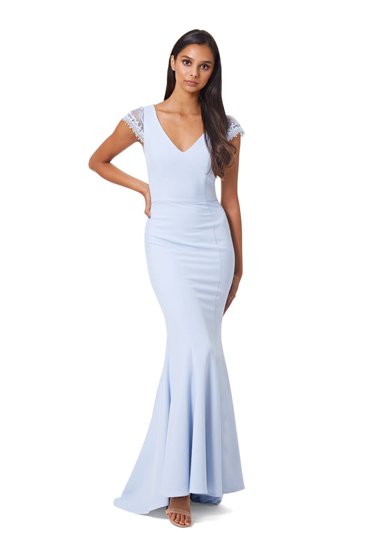 Jarlo Maia blue maxi dress with lace cap sleeves and button back