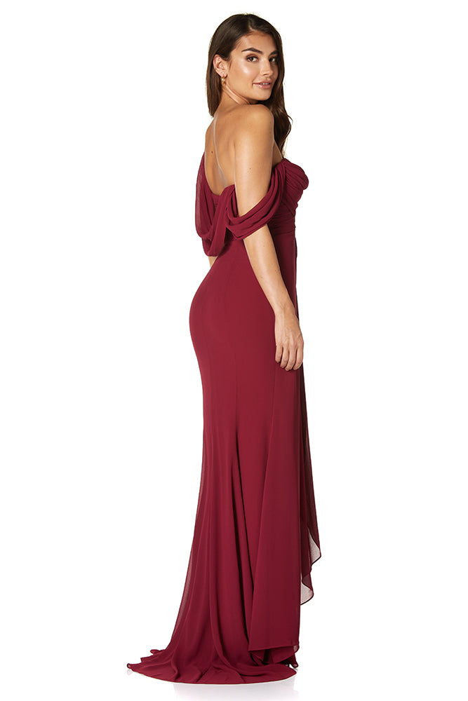 Jarlo Paloma pleated drape one shoulder burgundy chiffon gown
