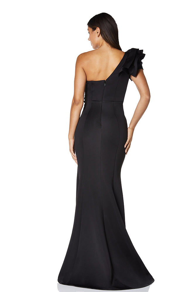 Jarlo black ruffle one shoulder fishtail maxi dress with thigh split