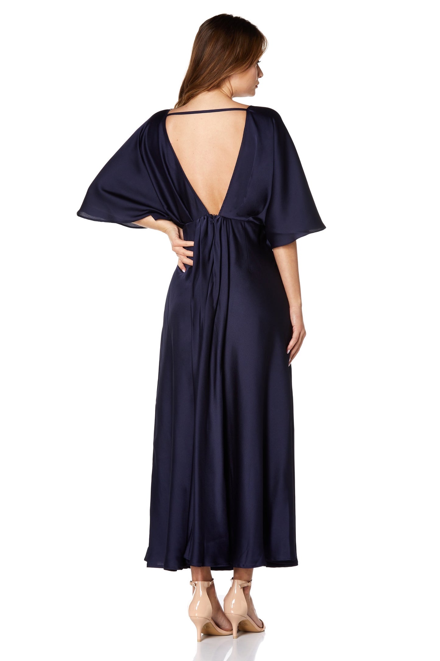 Jarlo Lee navy satin deep V neck midi dress with bell sleeves