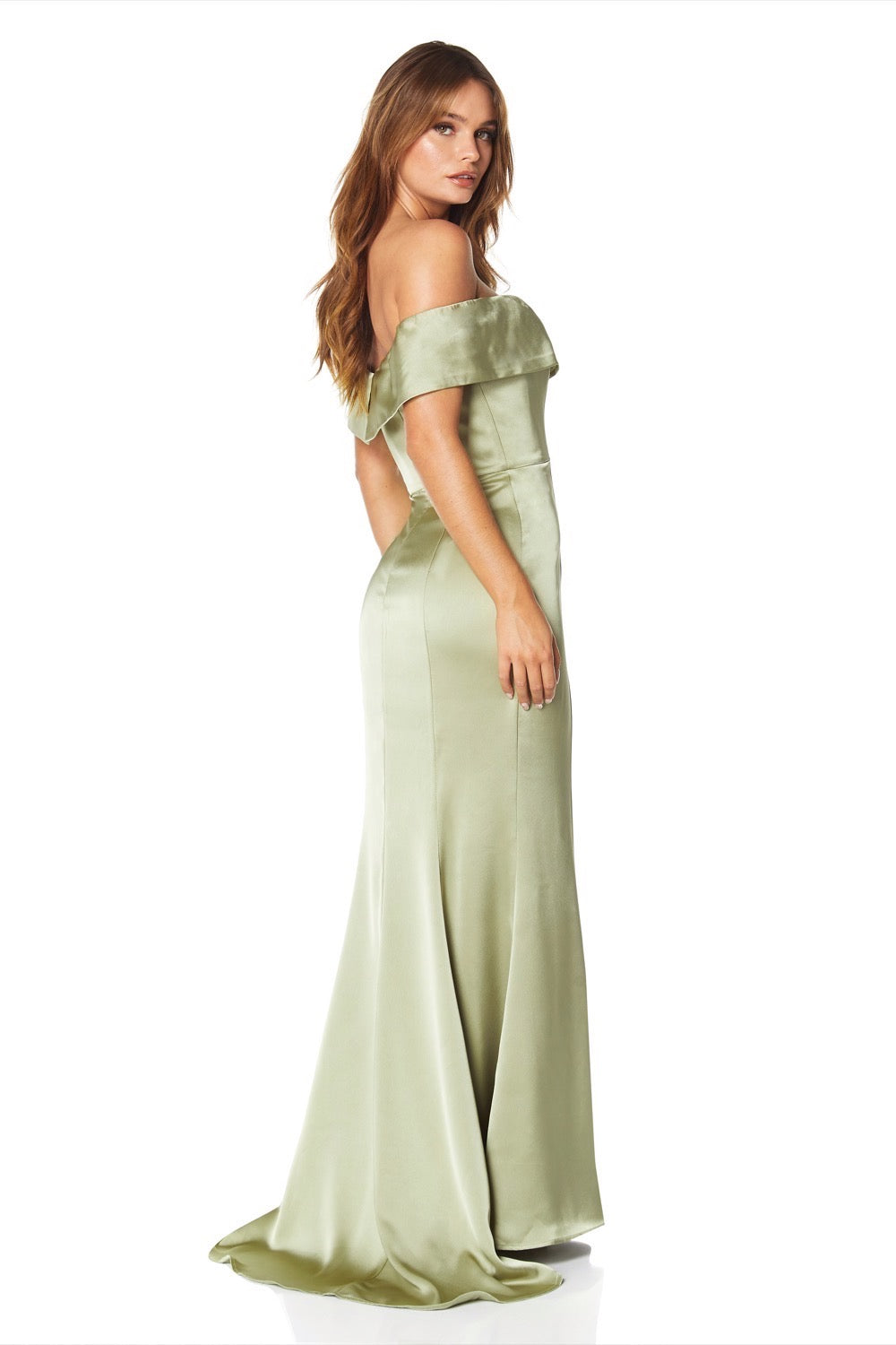 Jarlo Sage off shoulder green satin maxi dress with train