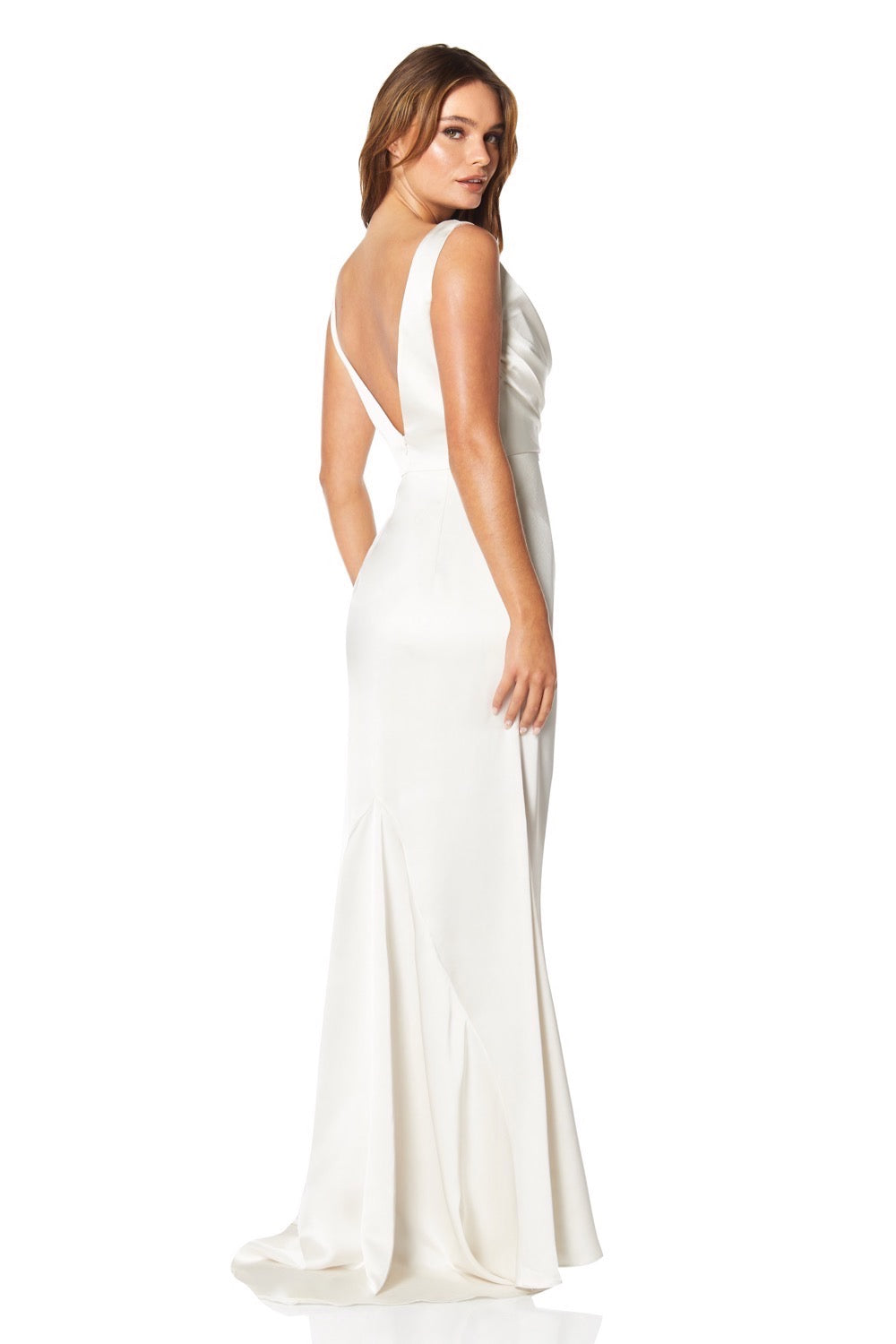 Jarlo Madia cowl front ivory satin maxi dress with thigh split and train