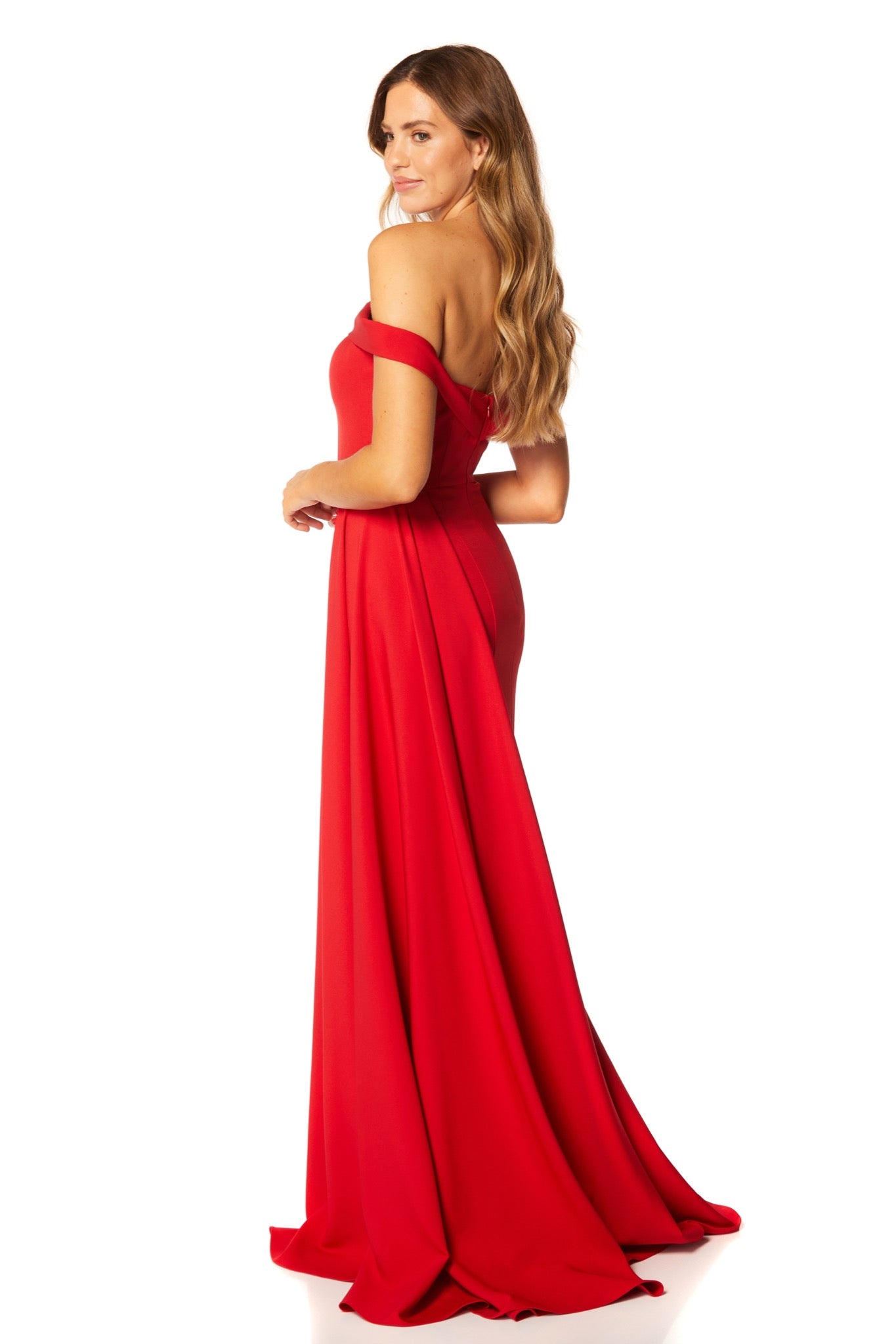 Jarlo Monica off shoulder red maxi dress pleated side skirt drape