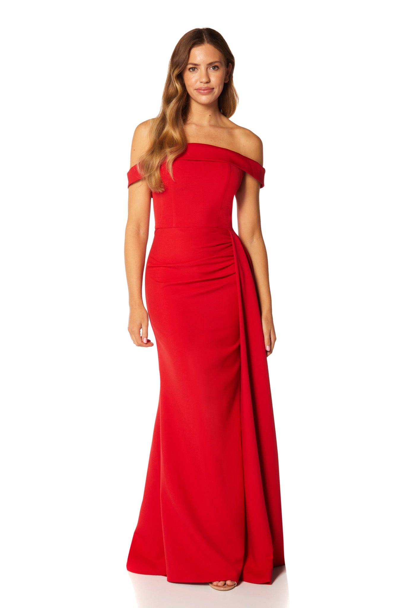 Monica Off Shoulder Maxi Dress Pleated Side Skirt Drape Monica Off Shoulder Maxi Dress Pleated Side Skirt Drape
