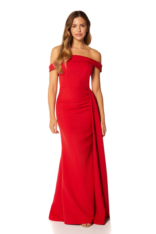 Jarlo Monica off shoulder red maxi dress pleated side skirt drape