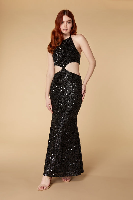 Jarlo Gloria black sequin fishtail maxi dress with cut out detail