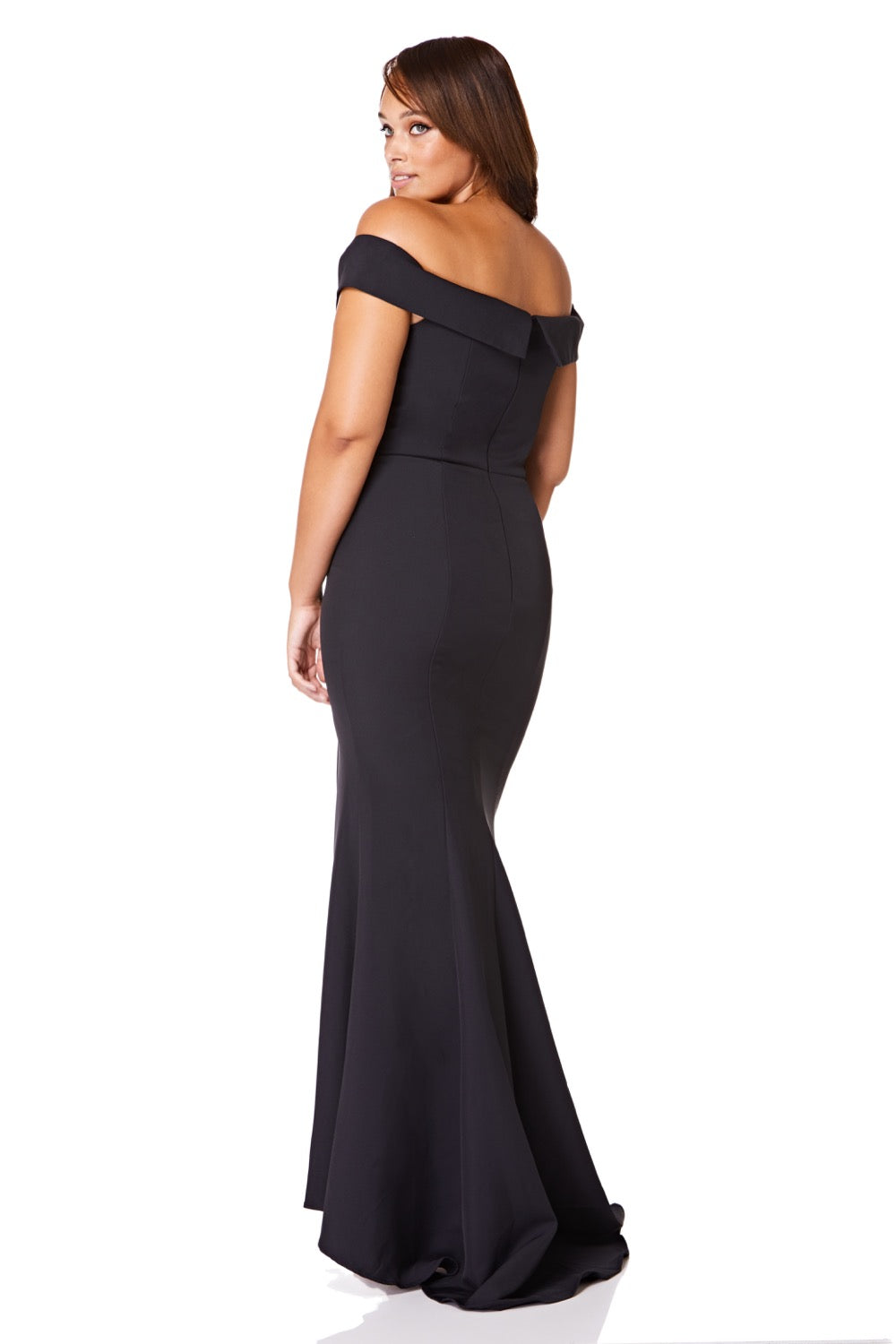 Jarlo black bardot fishtail maxi dress with thigh split and train