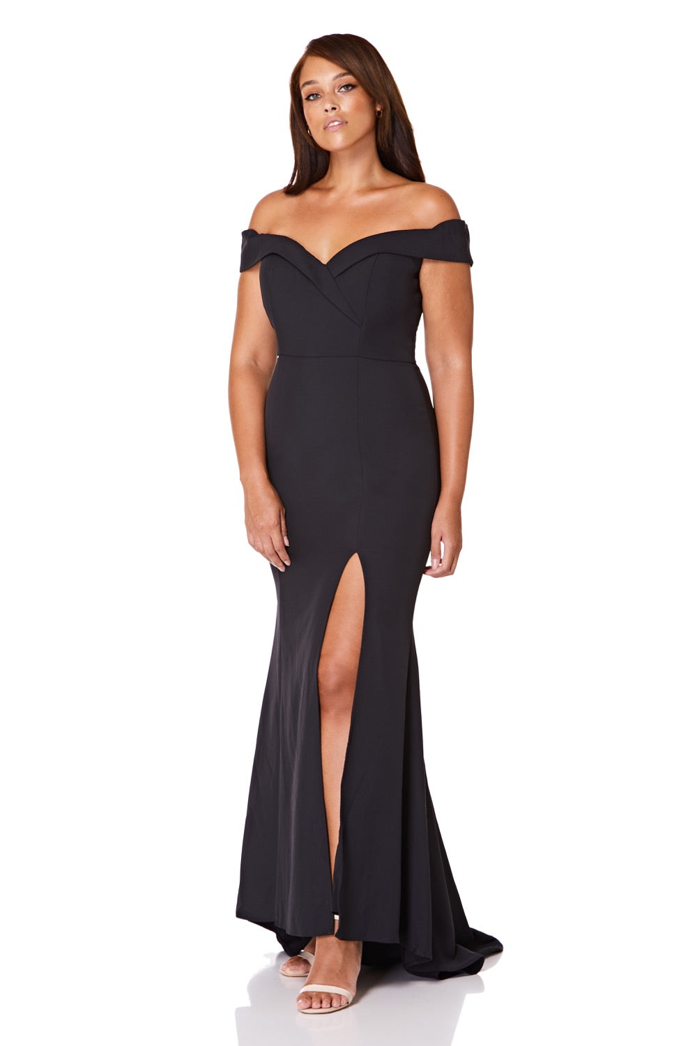 Jarlo black bardot fishtail maxi dress with thigh split and train