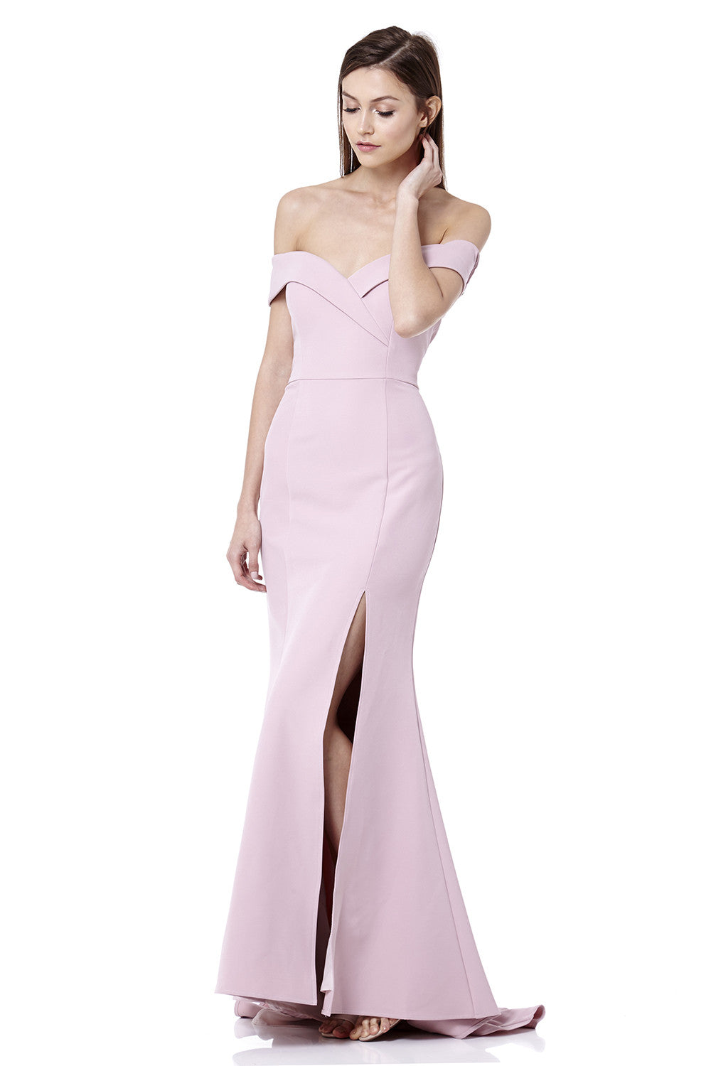 Jarlo pink bardot fishtail maxi dress with thigh split and train
