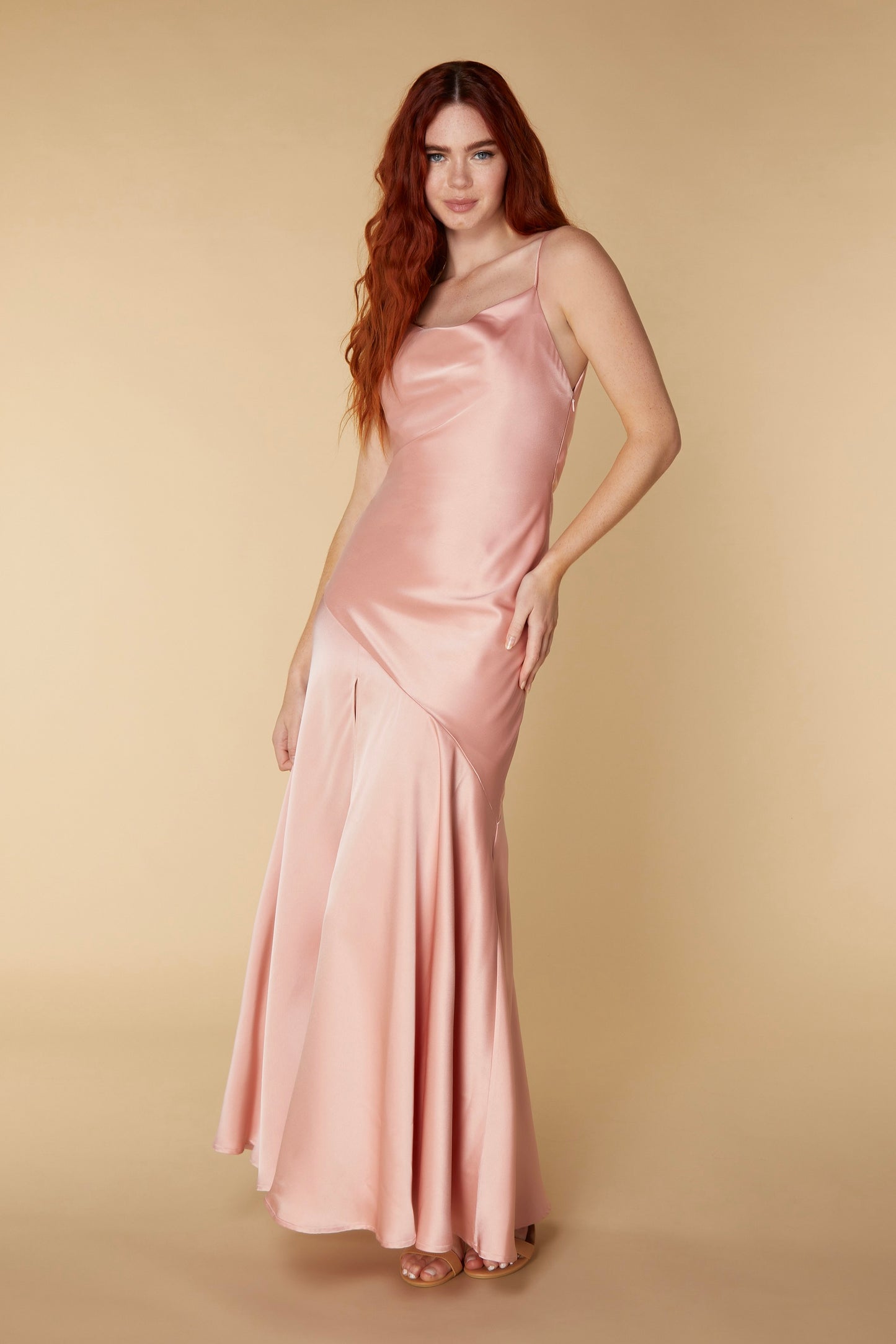 Jarlo Nay cowl back pink satin maxi dress with thigh split
