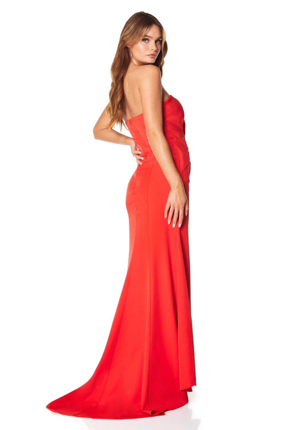 Jarlo Violet ruffle fishtail red maxi dress with thigh split
