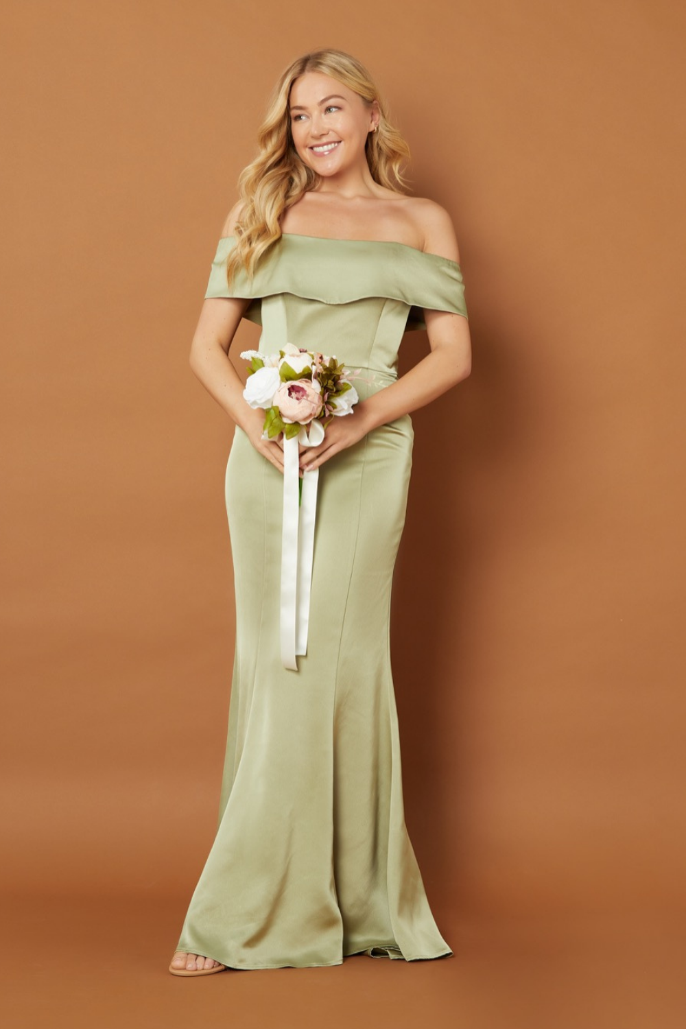 Jarlo Sage off shoulder green satin maxi dress with train