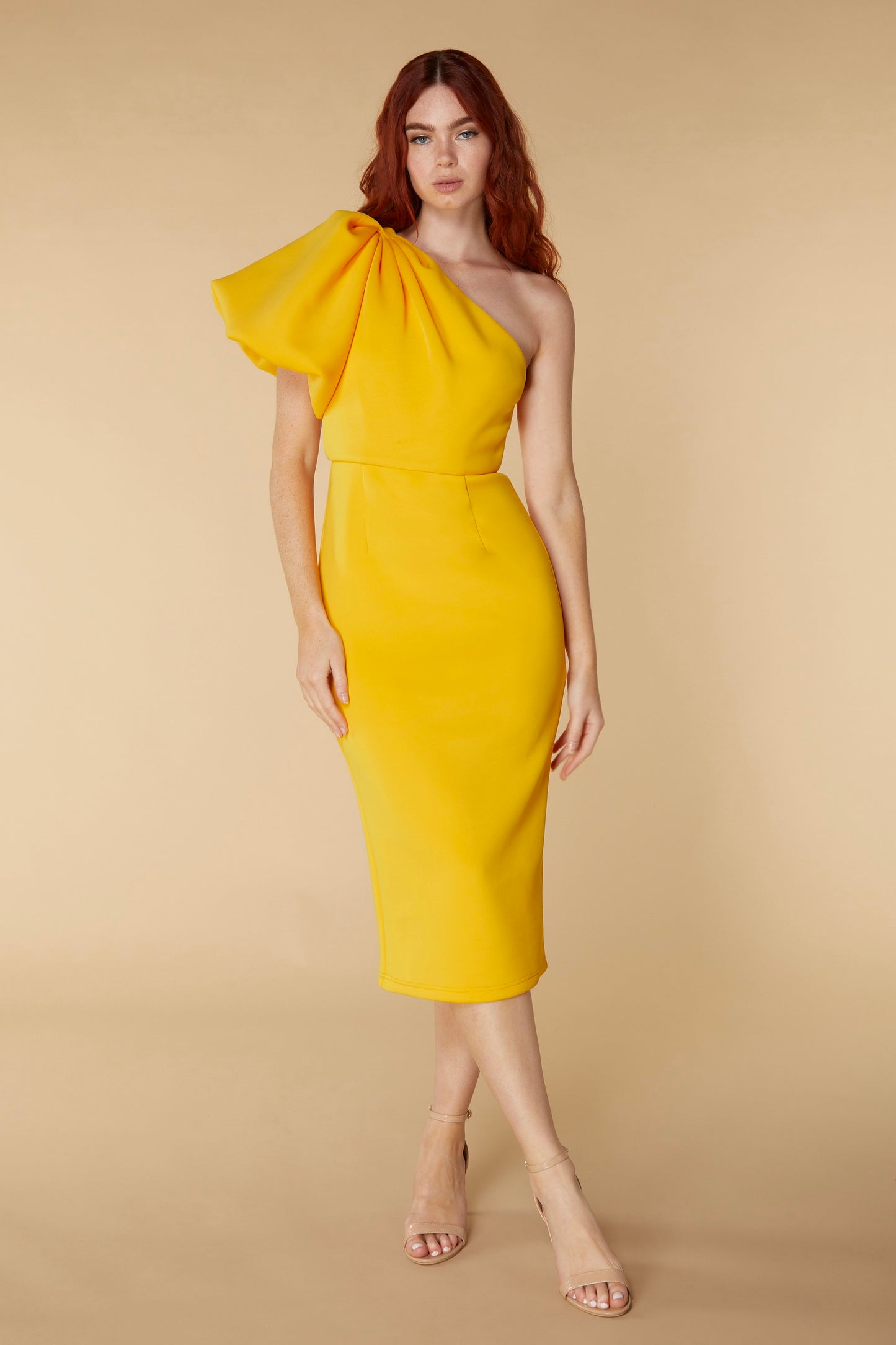 Jarlo Velvette one shoulder puff sleeve yellow scuba midi dress