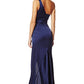 Jarlo Lisa one shoulder navy satin maxi dress with pleat detail