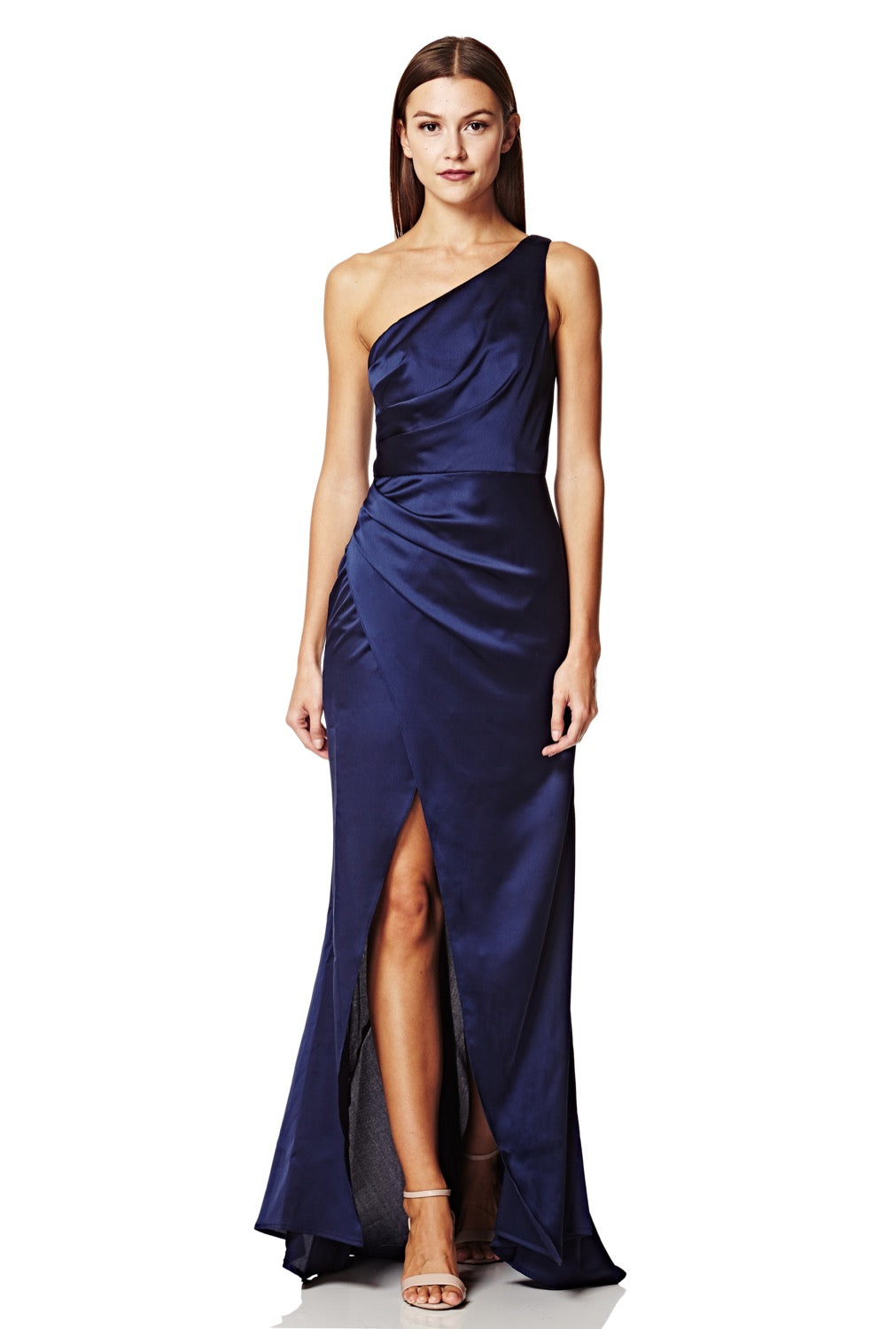 Jarlo Lisa one shoulder navy satin maxi dress with pleat detail