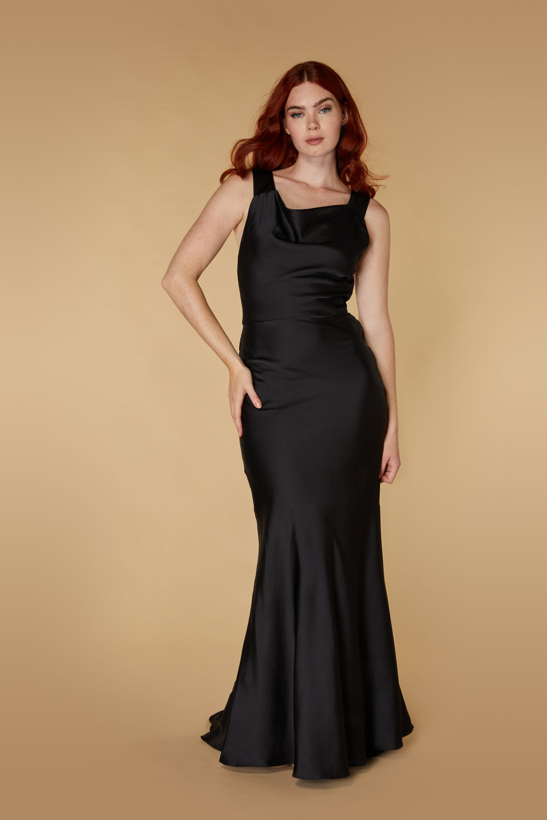 Jarlo Mika cowl front black satin maxi dress with strap back detail