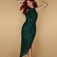 Jarlo Lan asymmetric green sequin midi dress with halter neck