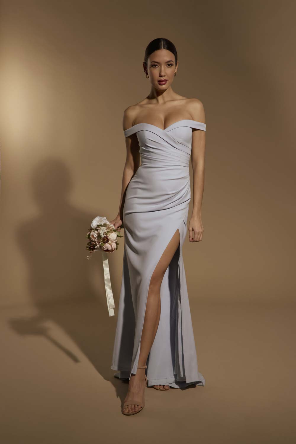 Bluebell Bardot Maxi Dress With Thigh Split And Button Back