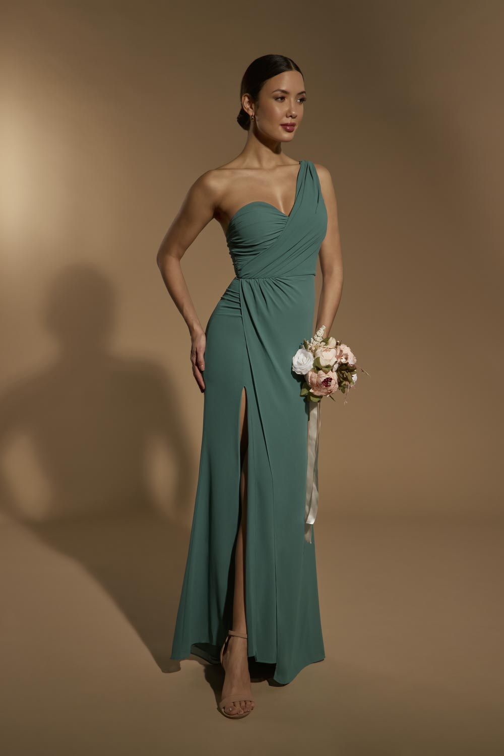 Jarlo Olani one shoulder green fishtail maxi dress with ruched bodice