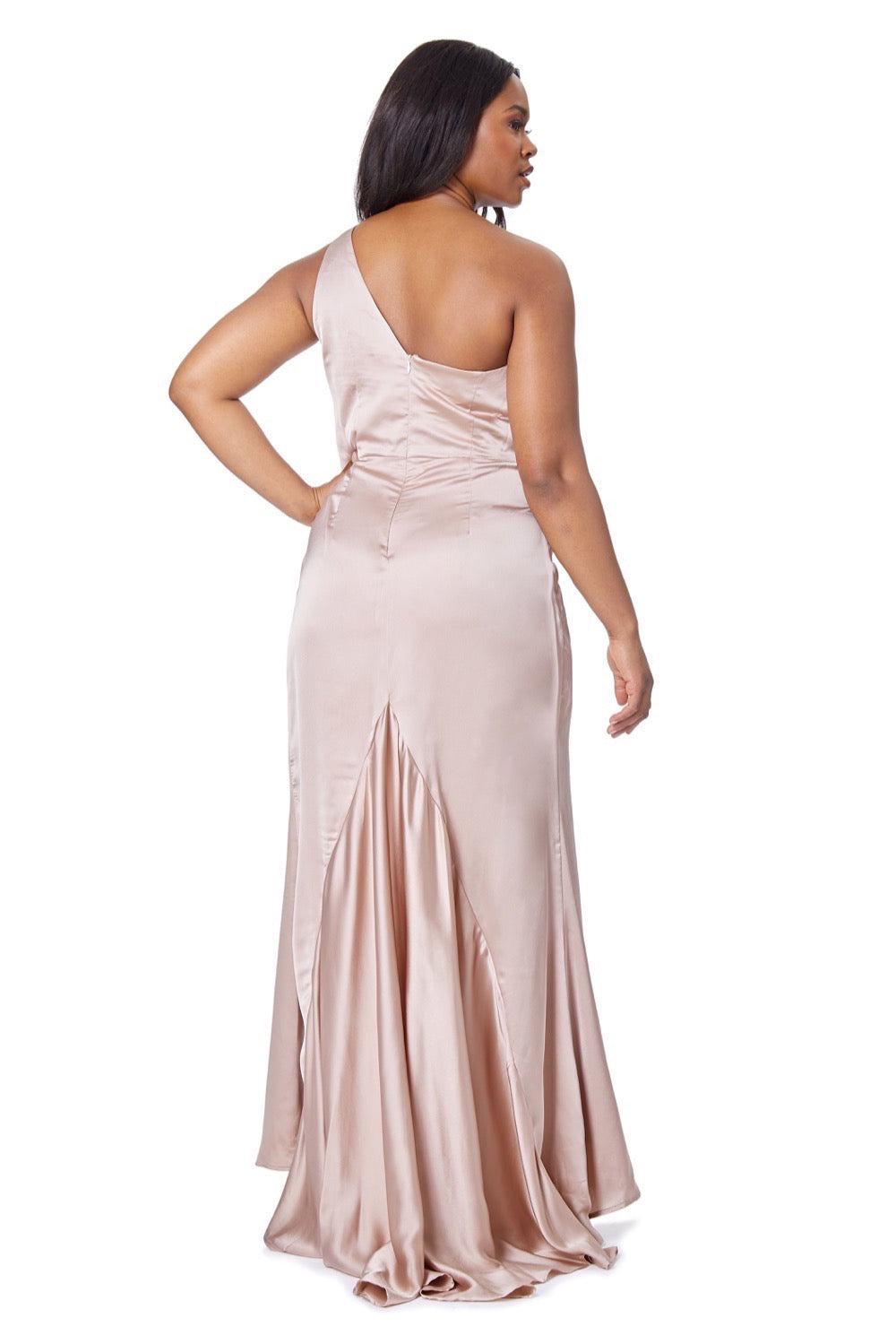 Jarlo Lisa one shoulder nude satin maxi dress with pleat detail