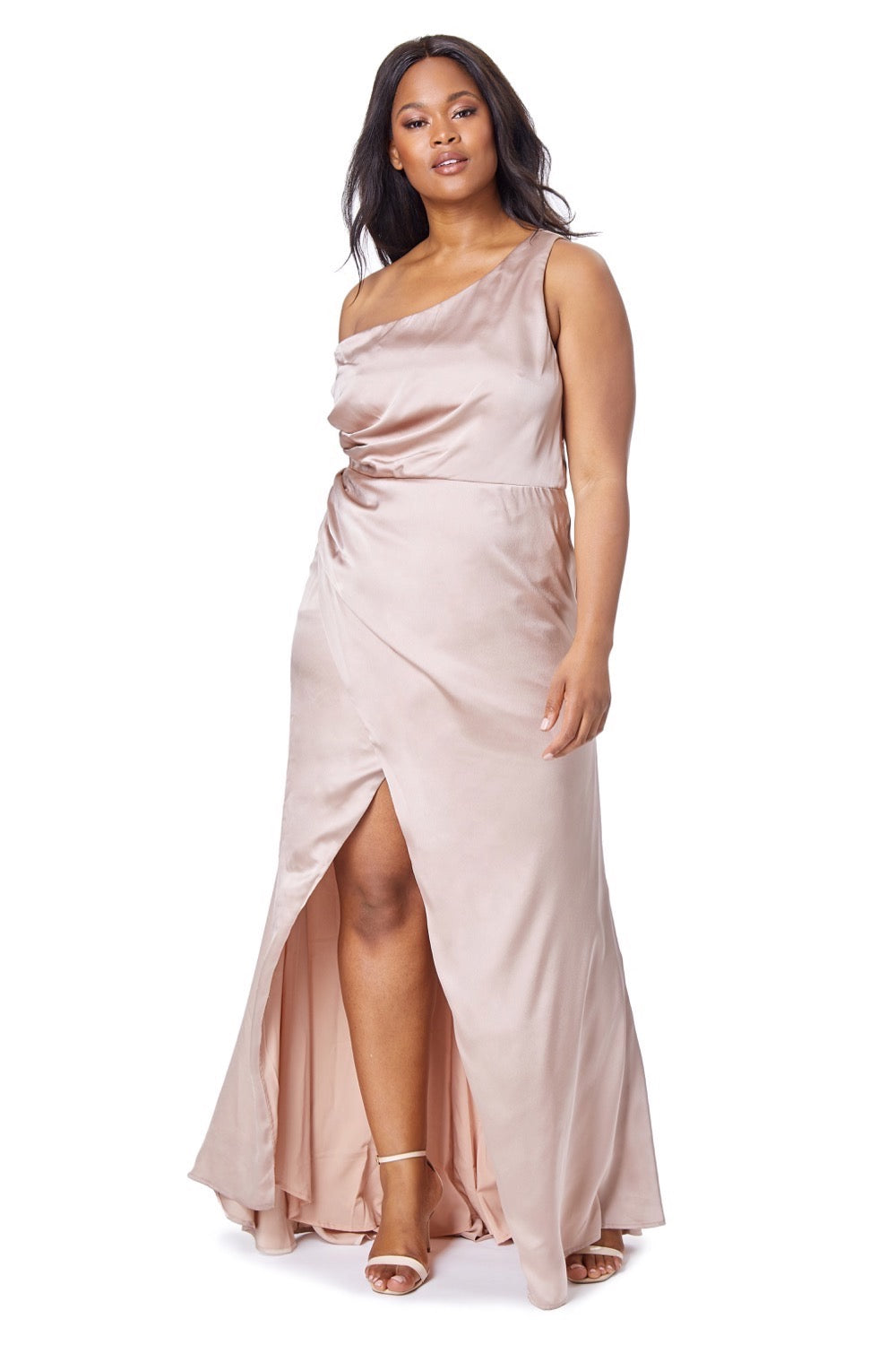 Jarlo Lisa one shoulder nude satin maxi dress with pleat detail