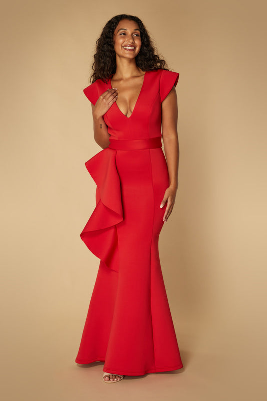 Jarlo red v-neck fishtail maxi dress with hip drape