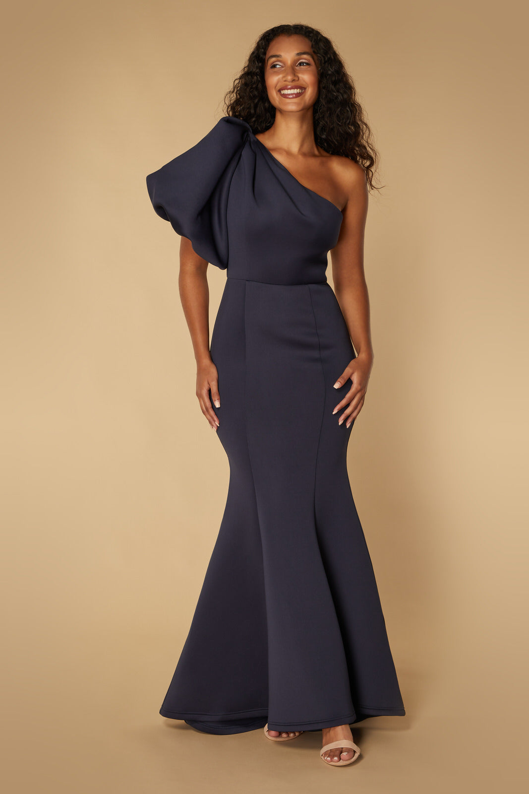 Frances One Shoulder Exaggerated Puff Sleeve Scuba Maxi Dress