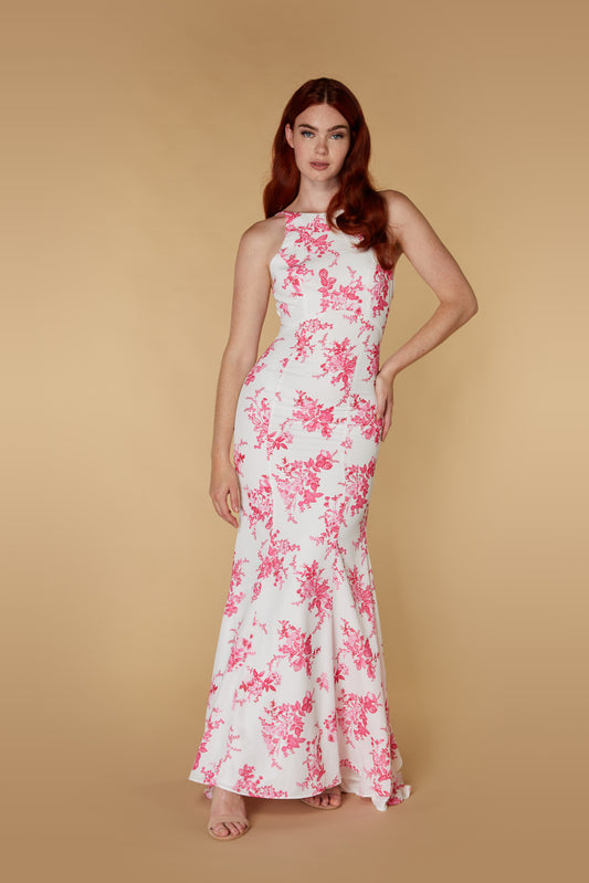 Jarlo floral print maxi dress with ruffle back detail