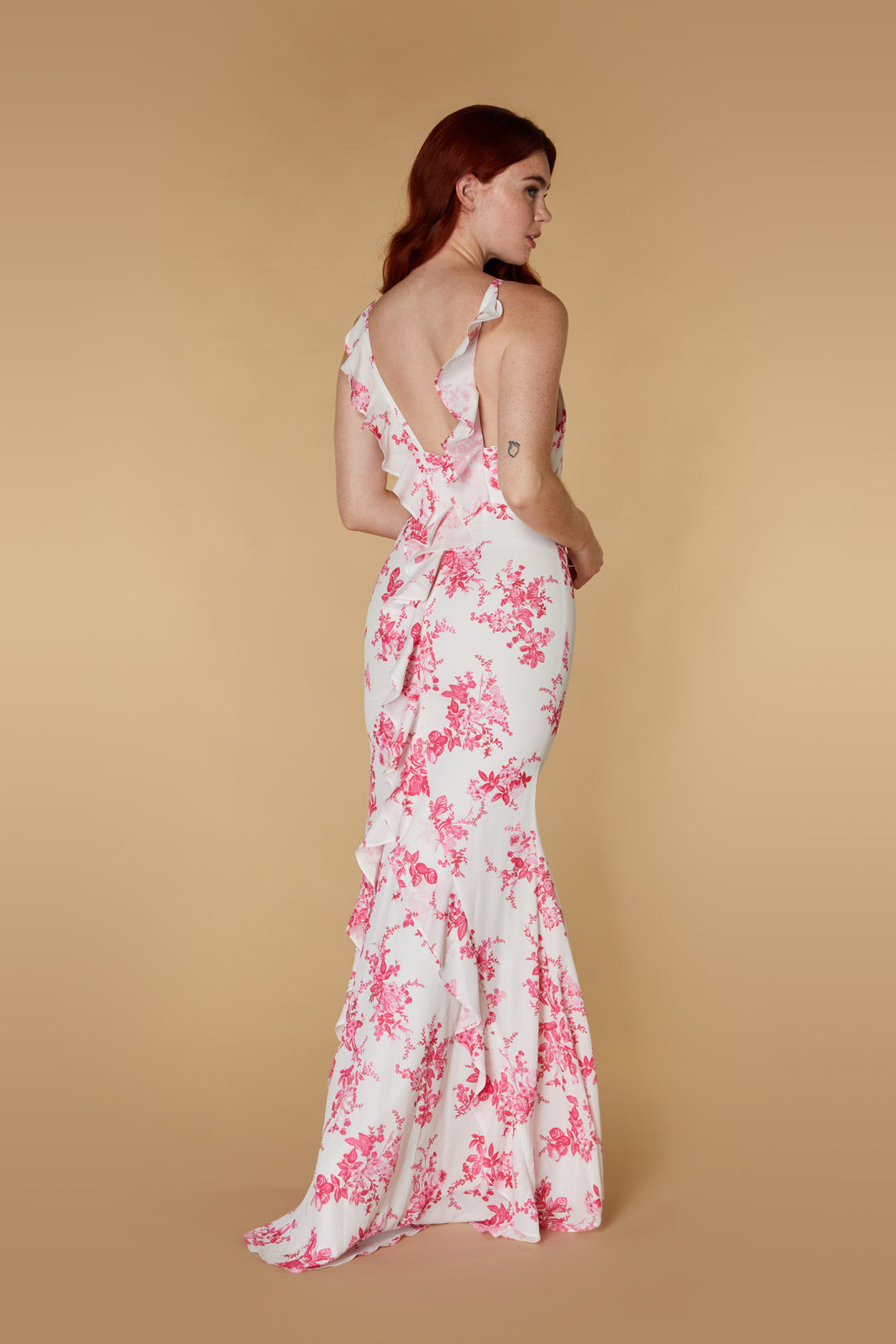 Jarlo floral print maxi dress with ruffle back detail