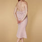 Jarlo Maya strapless fishtail pink midi dress with bow back detail
