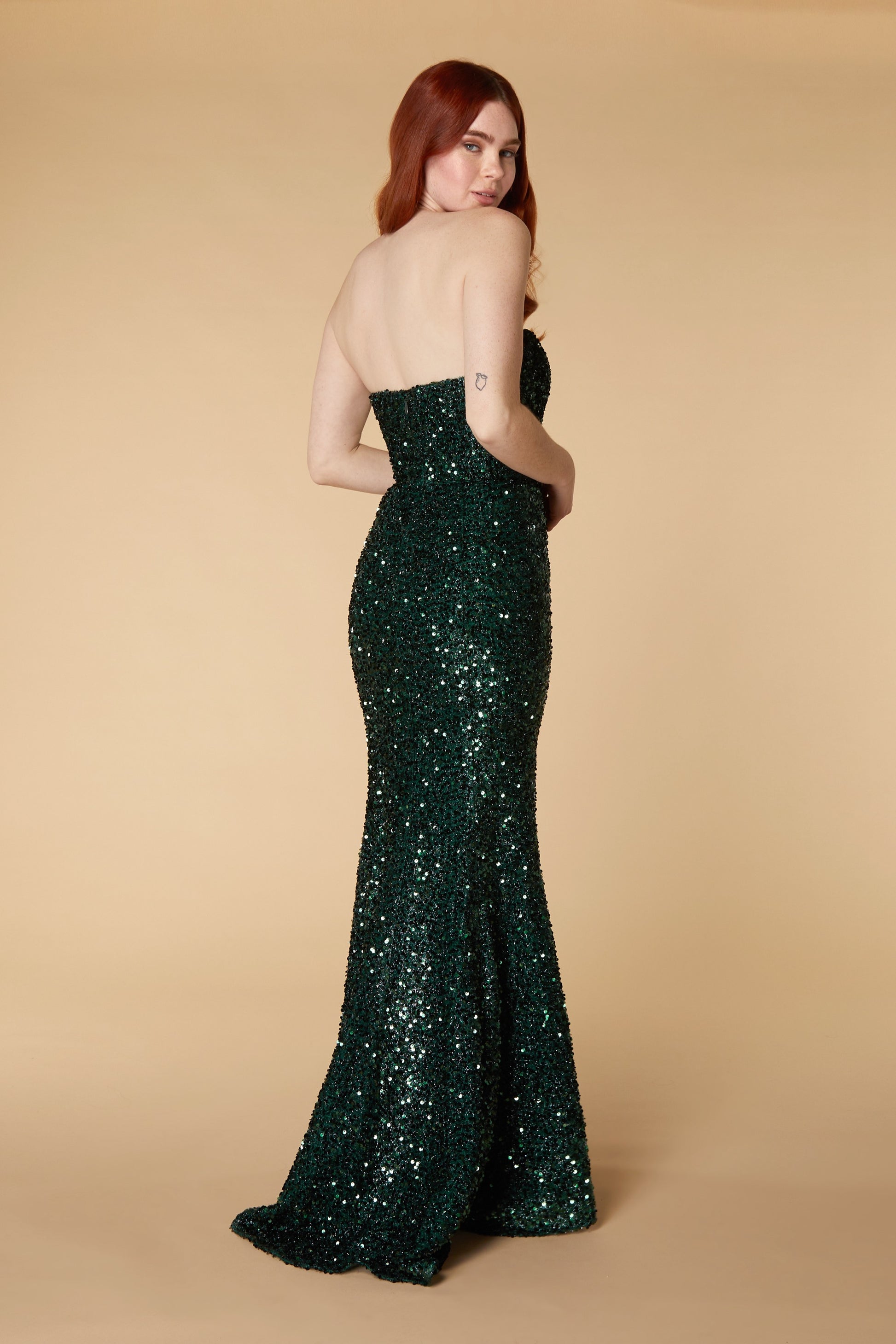 Jarlo Nera strapless green sequin maxi with train