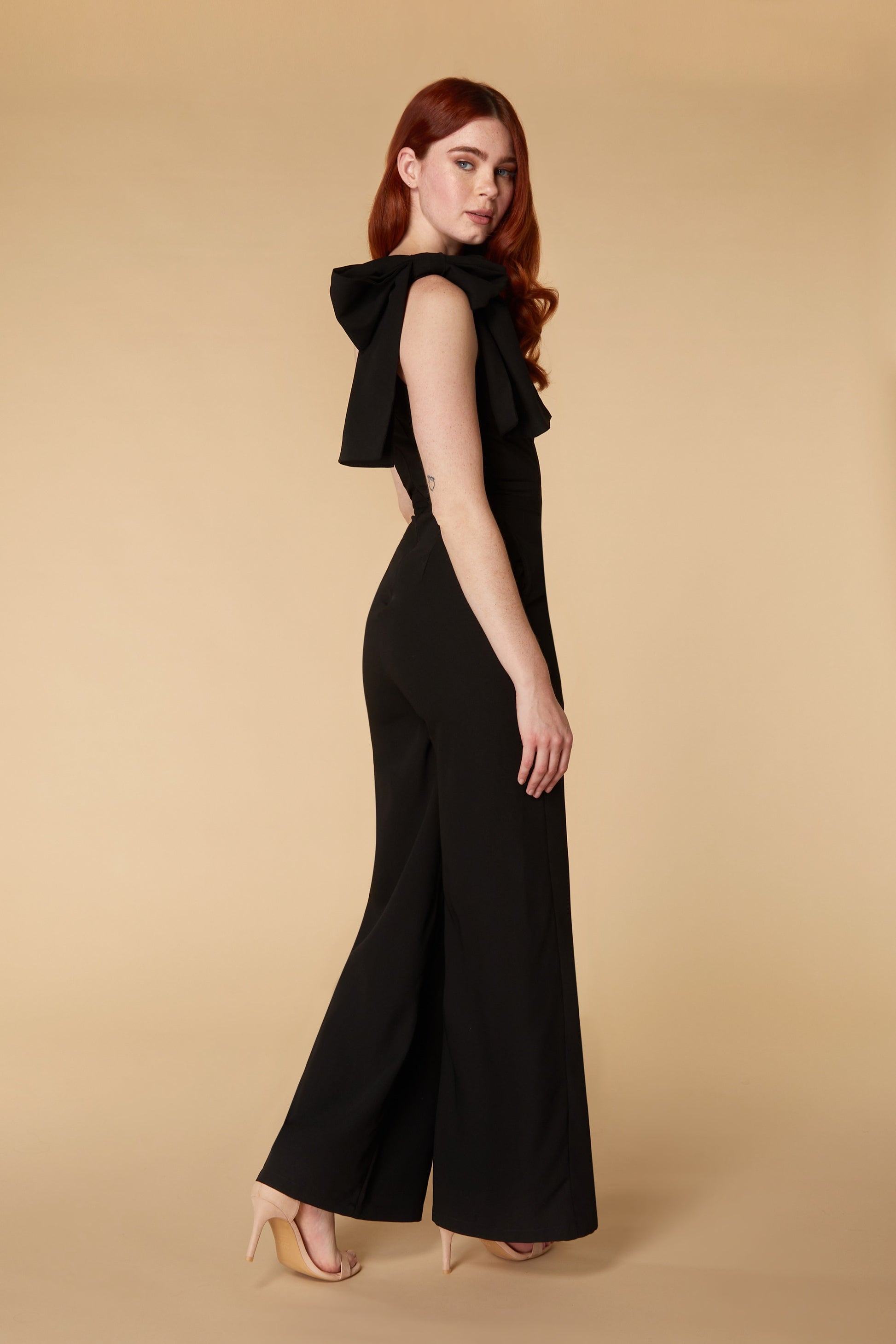 Jarlo black one shoulder jumpsuit with bow detail