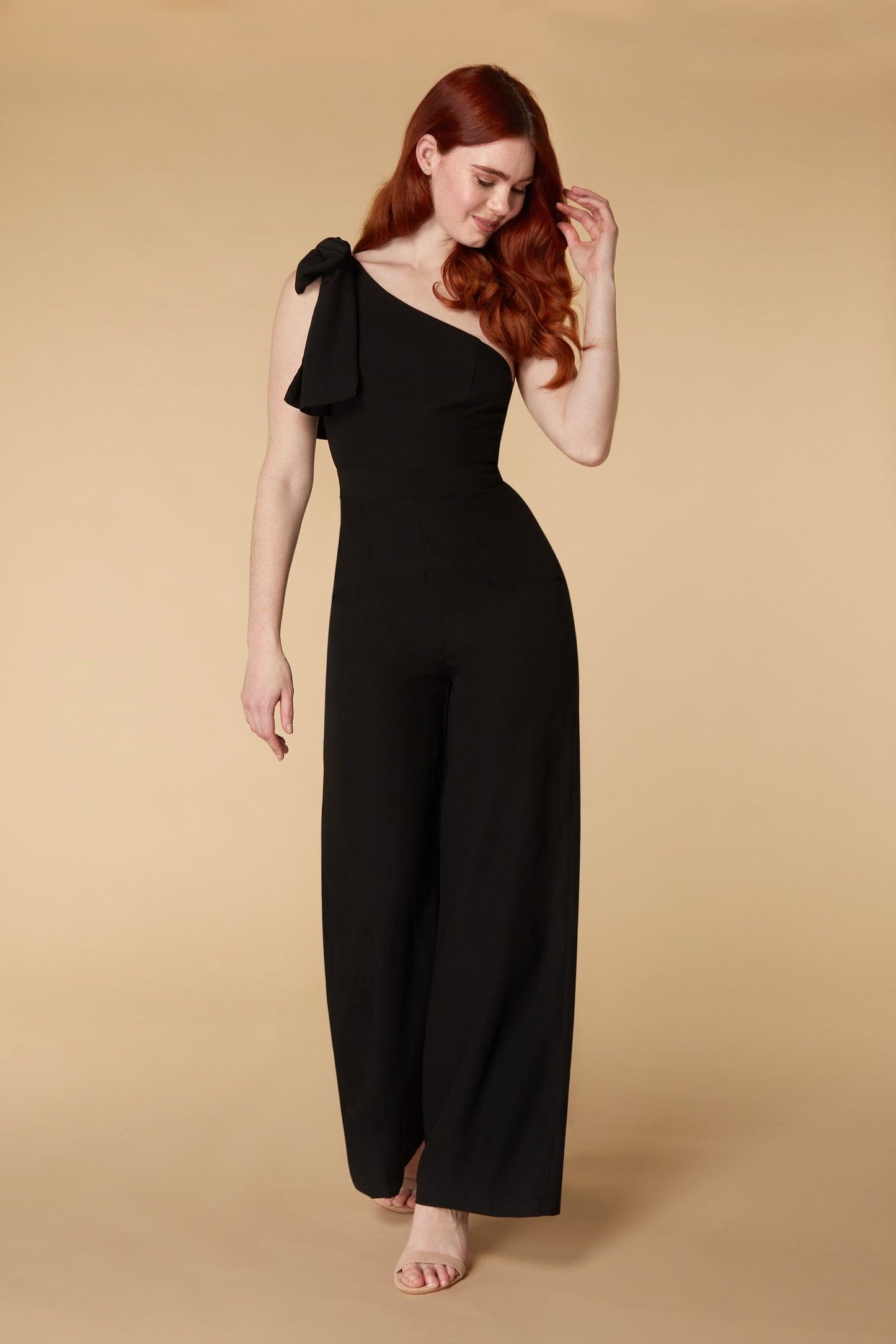 Jarlo black one shoulder jumpsuit with bow detail