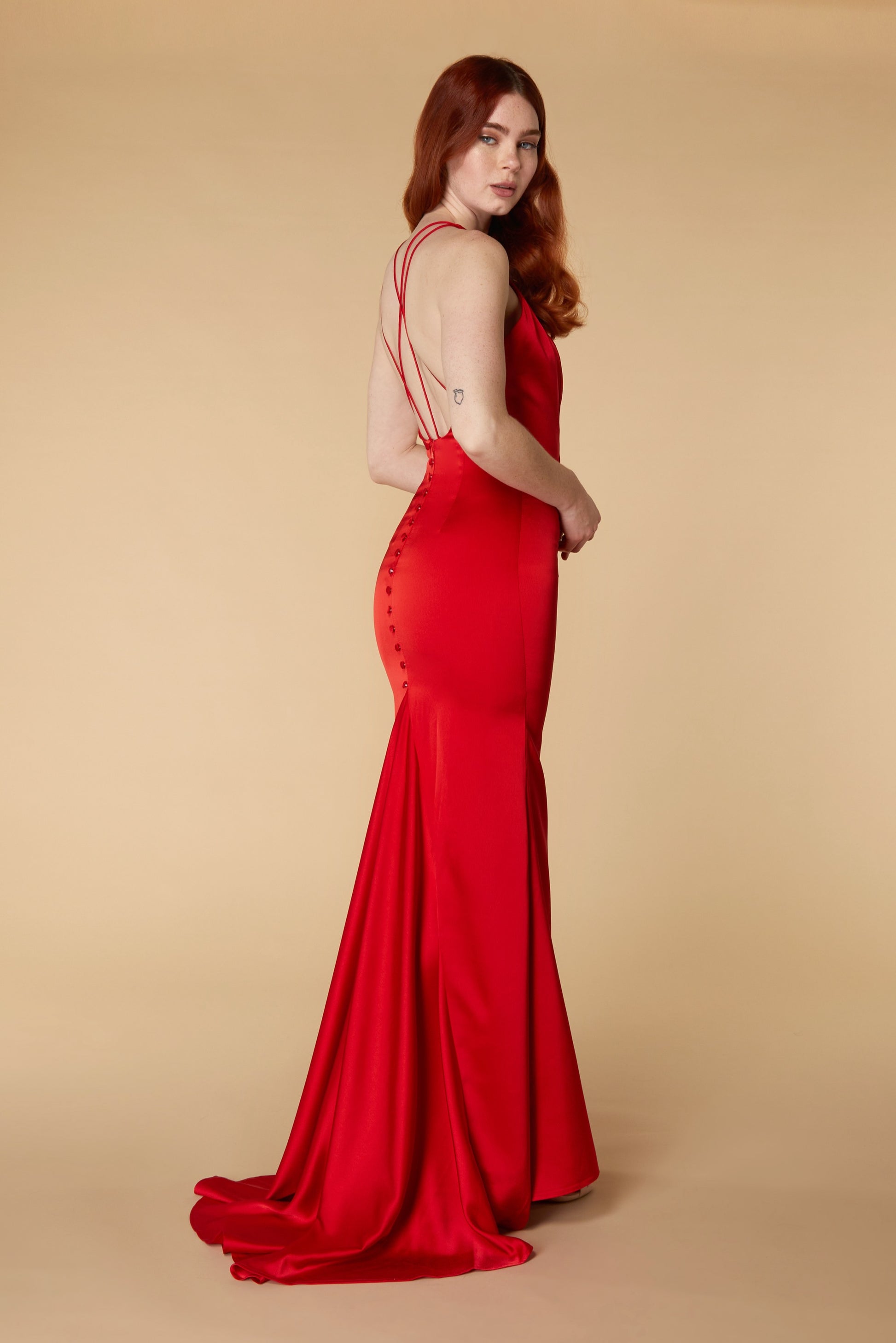 Jarlo Noah red satin fishtail maxi dress with button back