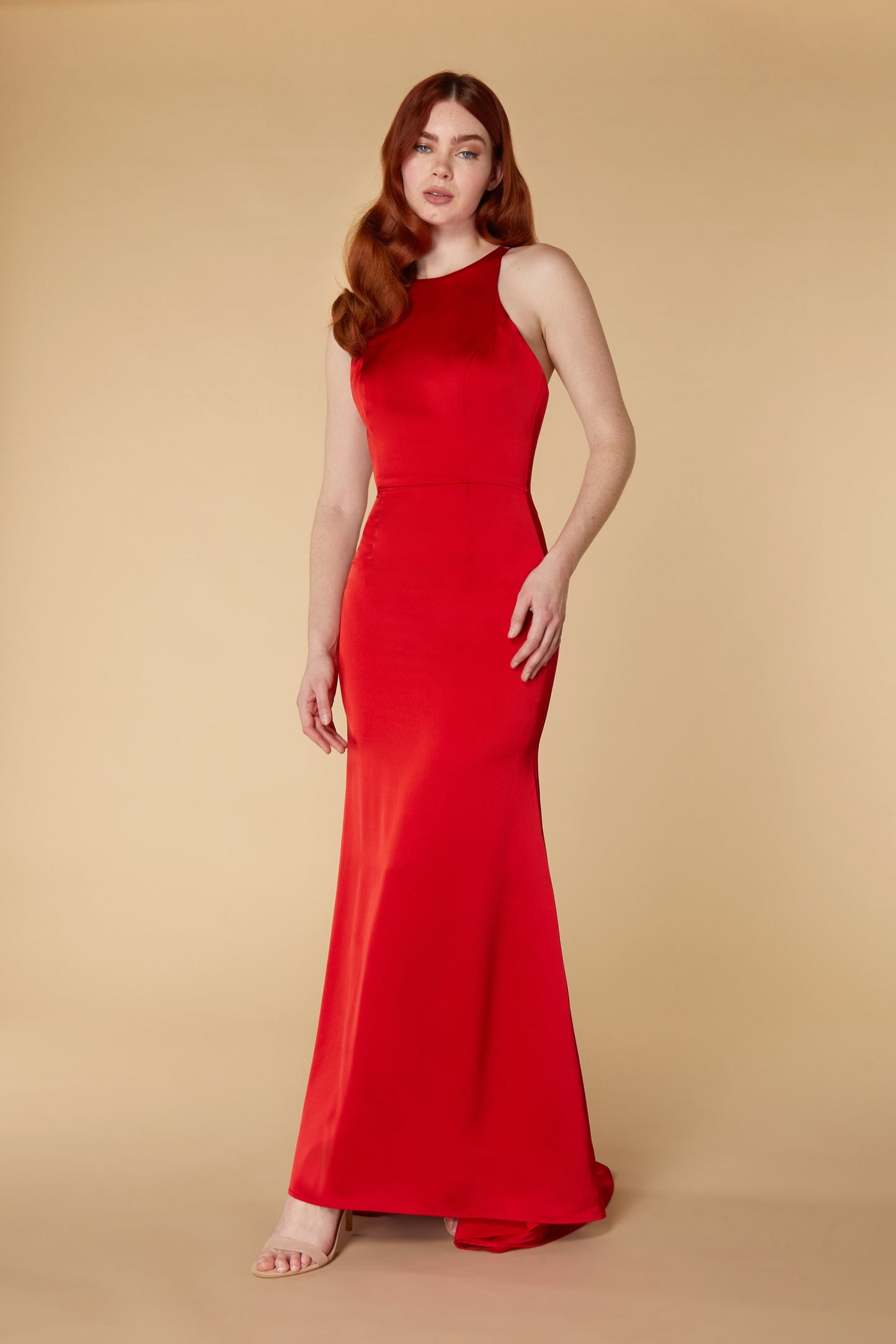 Jarlo Noah red satin fishtail maxi dress with button back