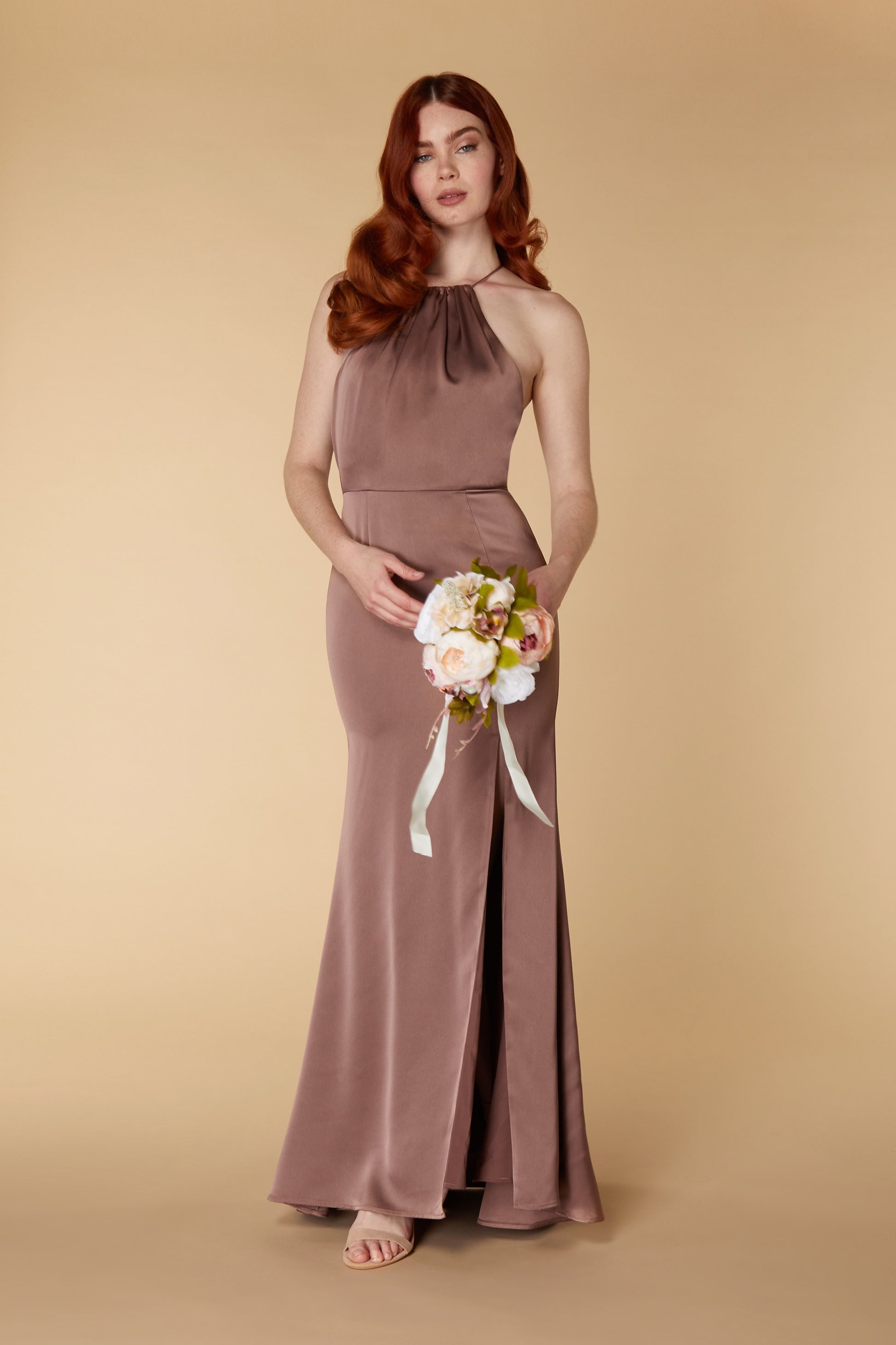 Jarlo brown satin fishtail maxi dress with keyhole draped back