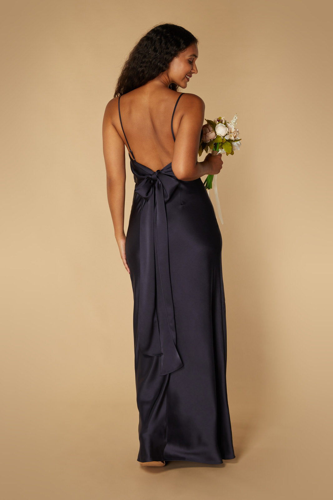 Jarlo Rose navy satin maxi dress with tie back detail