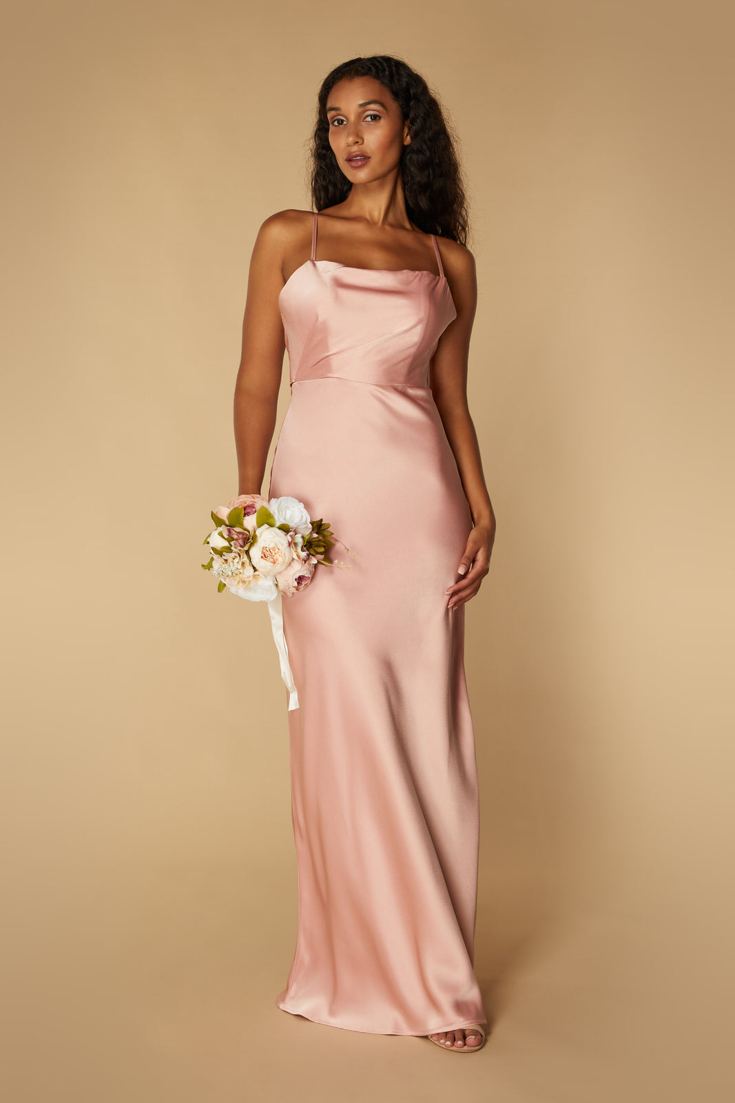 Jarlo Rose pink satin maxi dress with tie back detail