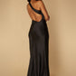 Jarlo India black satin one shoulder maxi dress with asymmetric open back