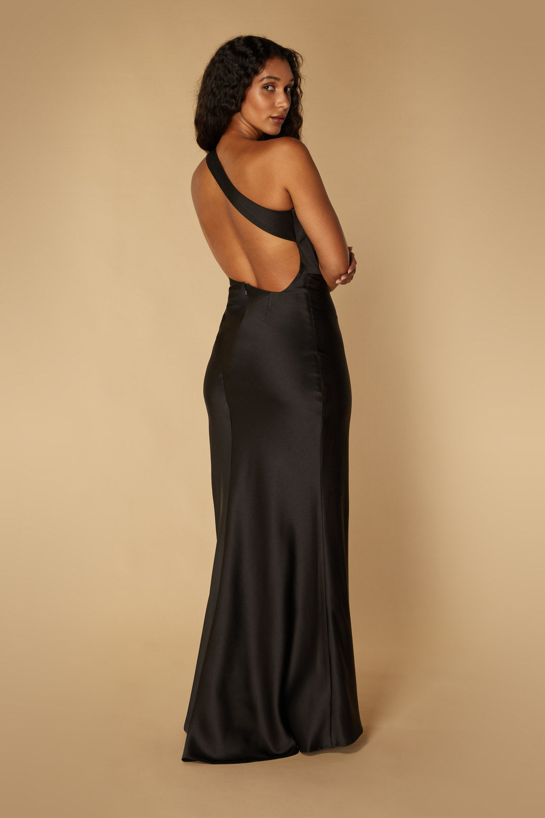 Jarlo India black satin one shoulder maxi dress with asymmetric open back