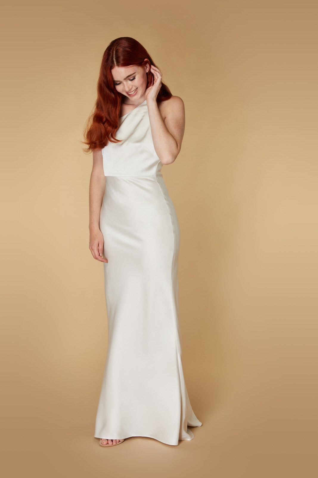 Jarlo Tara one shoulder ivory satin maxi dress with asymmetric open back