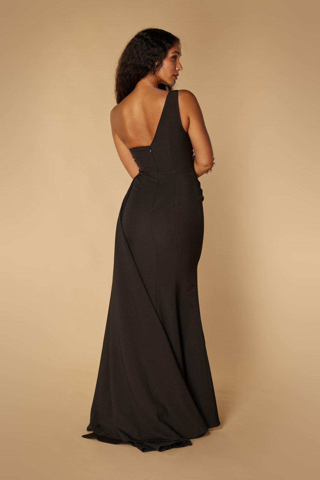 Jarlo one shoulder black fishtail maxi dress with hip drape