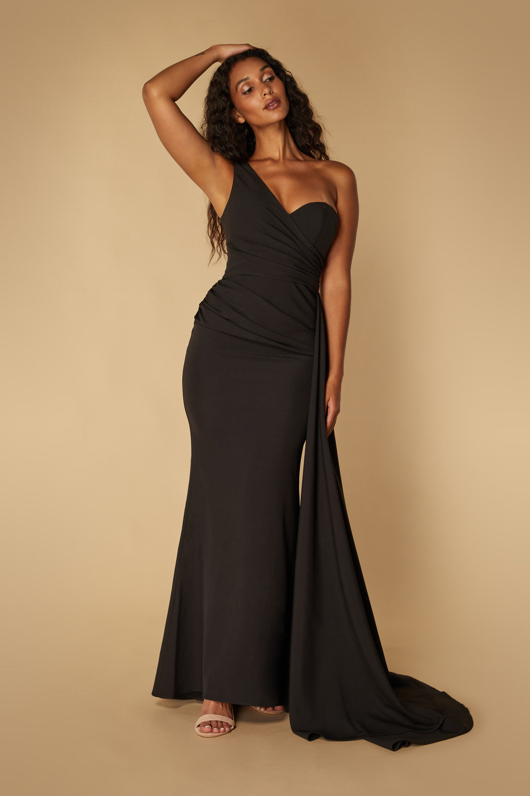 Jarlo one shoulder black fishtail maxi dress with hip drape