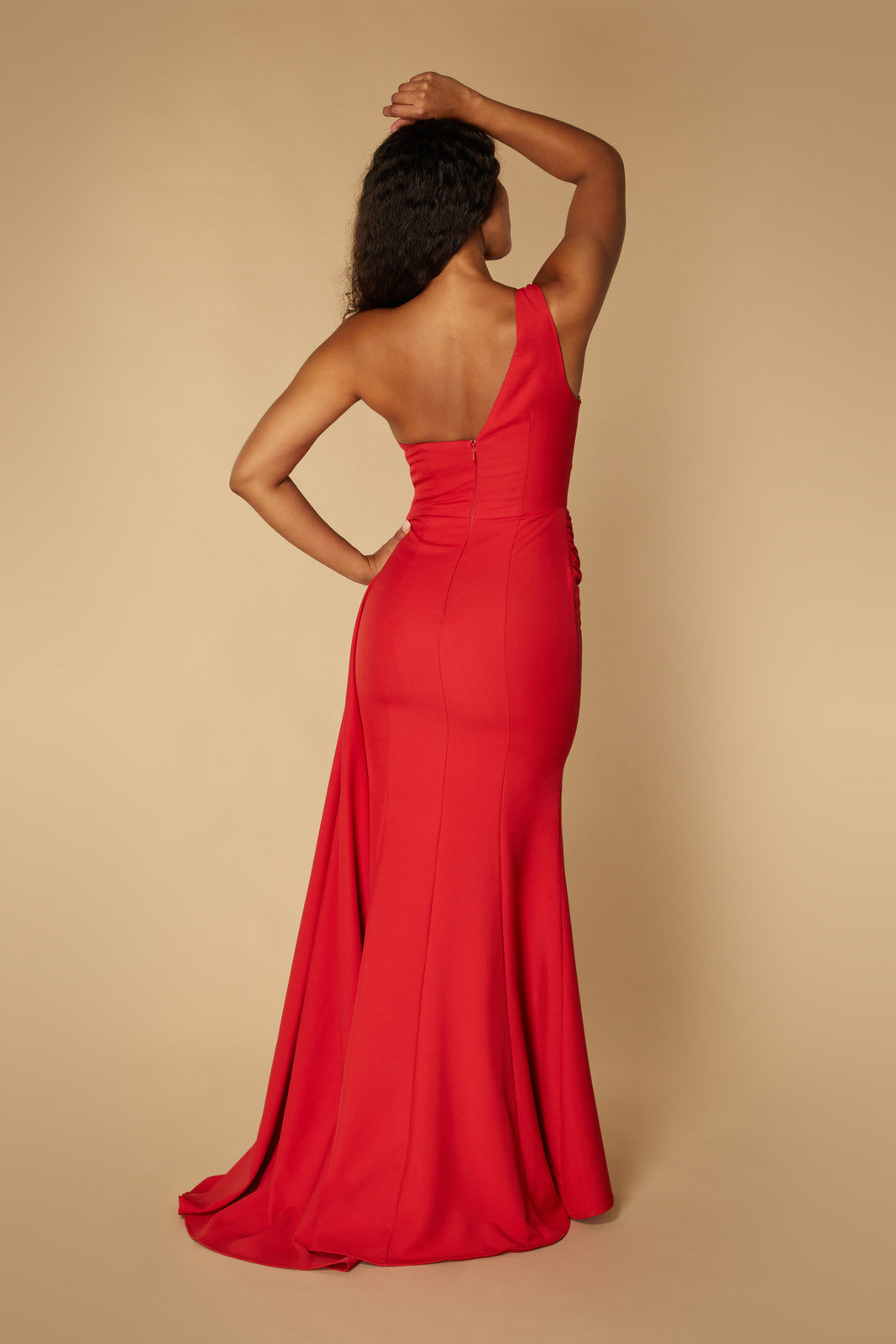 Jarlo one shoulder red fishtail maxi dress with hip drape
