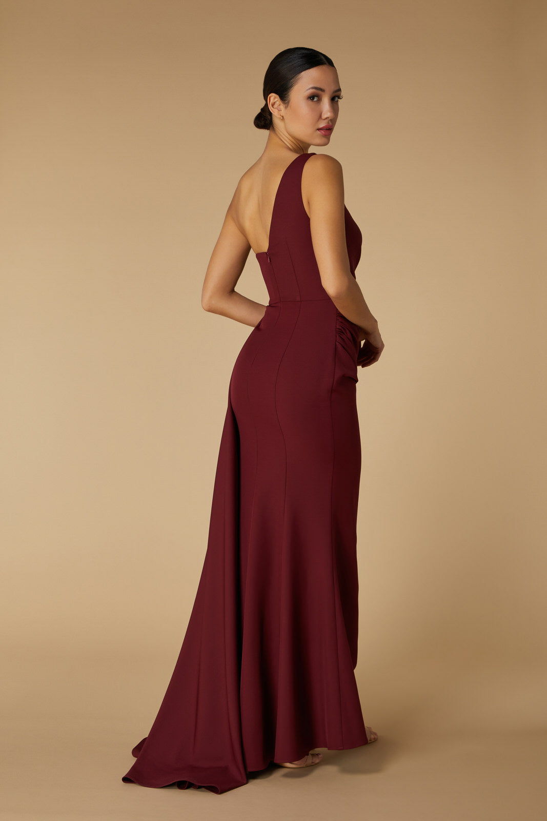 Jarlo Hazel One Shoulder Fishtail Burgundy Maxi Dress with Drape Detail
