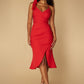 Jarlo Verona V neck strap red midi dress with floral corsage