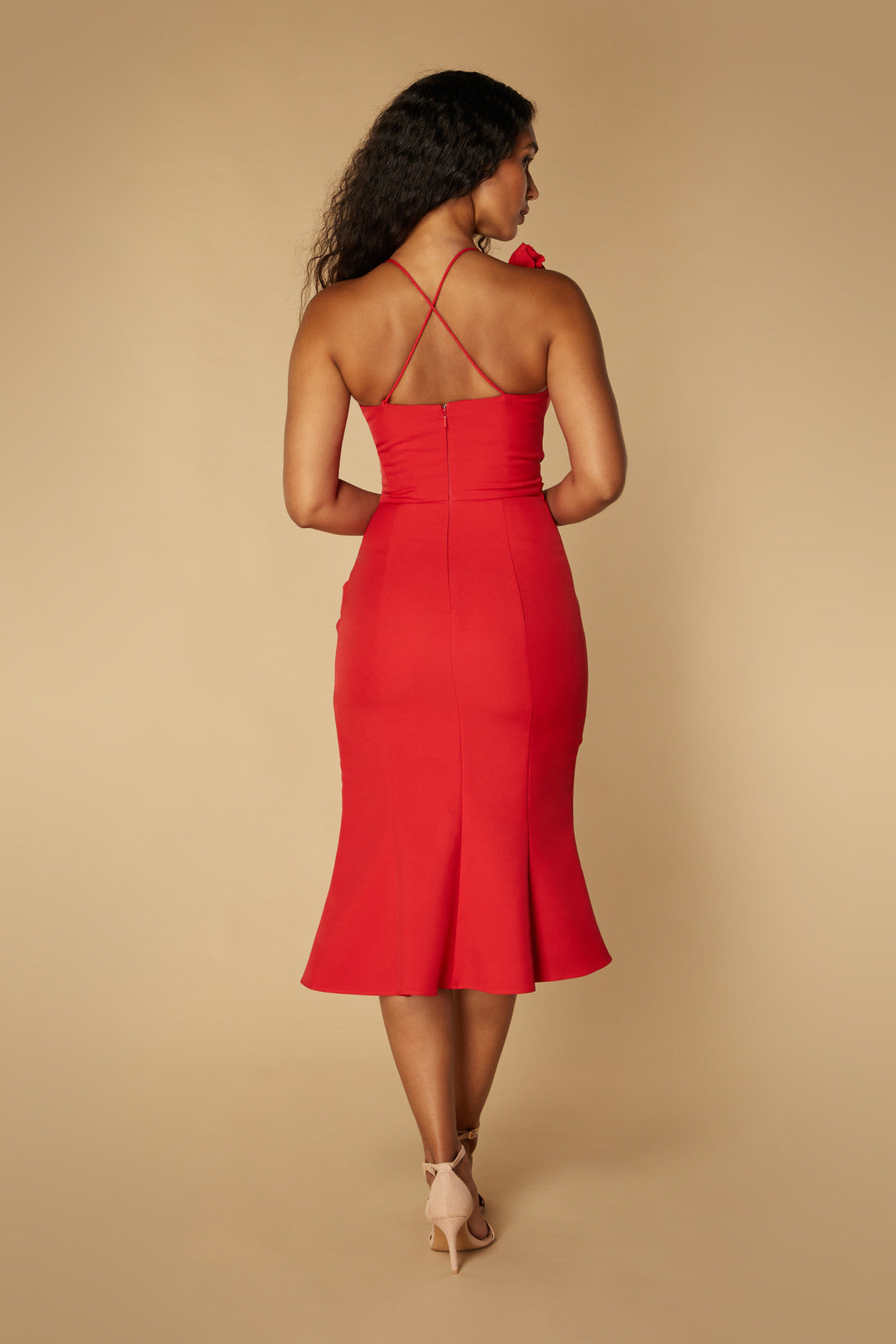 Jarlo Verona V neck strap red midi dress with floral corsage